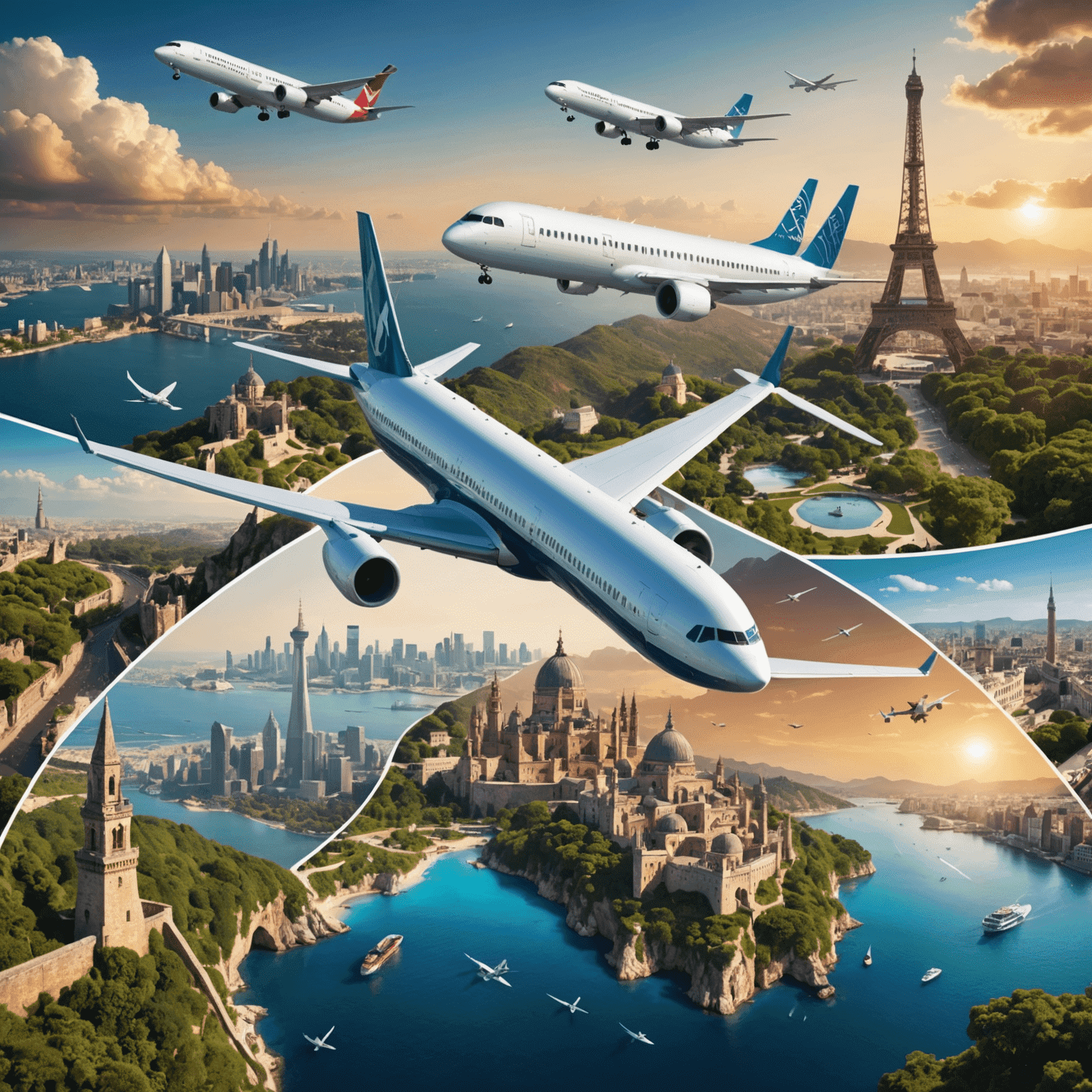 A collage of global destinations, featuring iconic landmarks and beautiful landscapes, with a sleek airplane silhouette flying across the image.