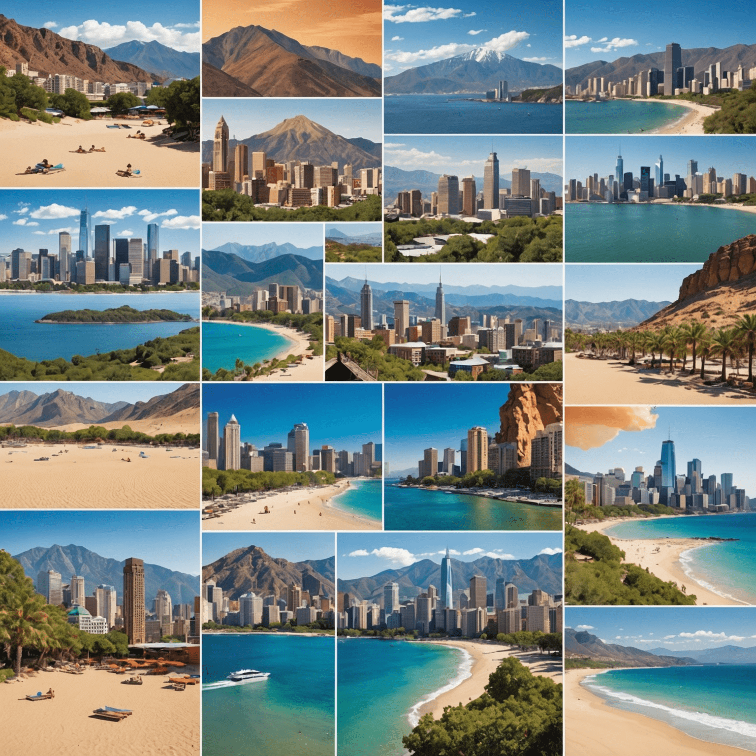 A collage of travel destinations featuring a sandy beach, a bustling city skyline, and a serene mountain landscape, symbolizing the diverse travel options available through BrightQuest