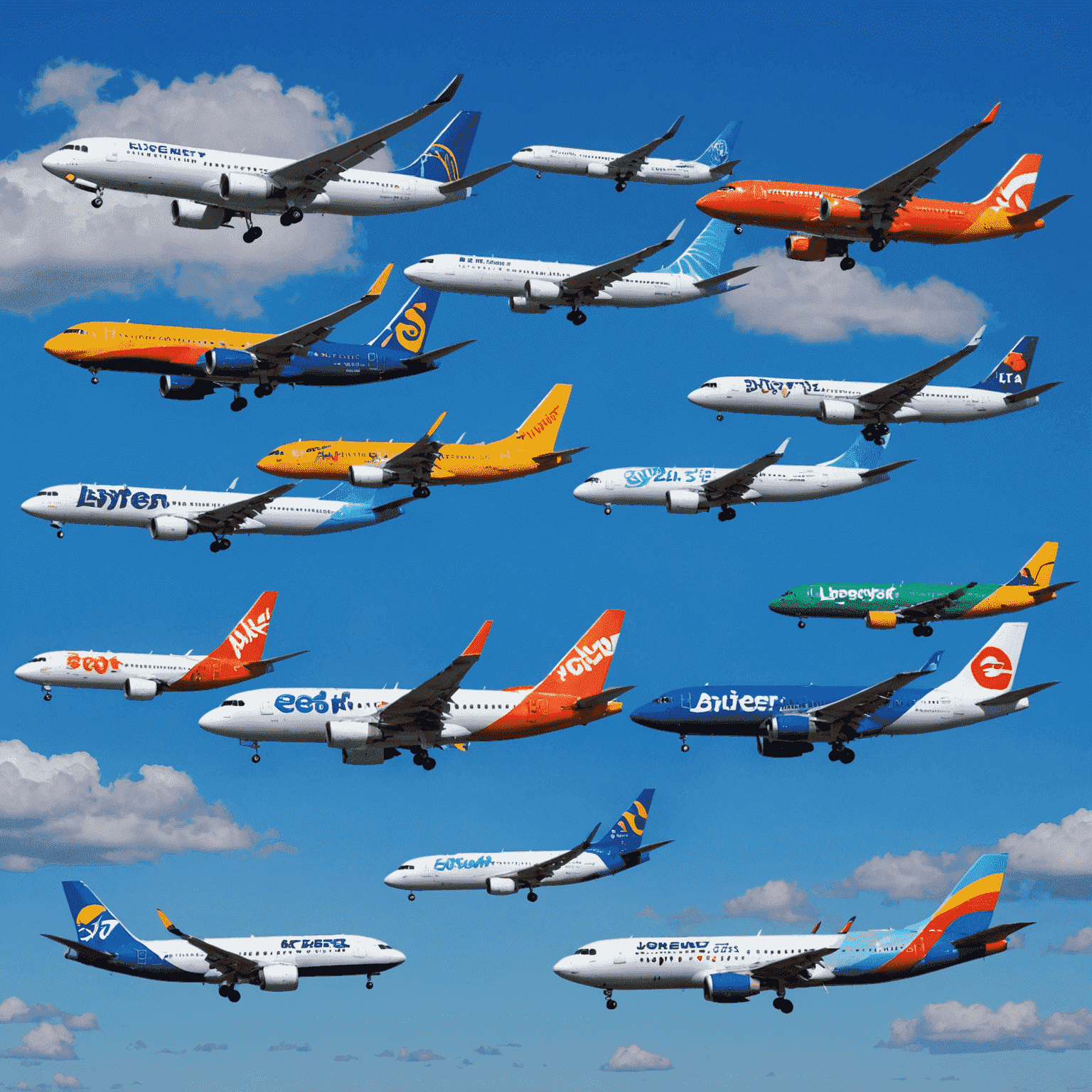 A collage of various budget airline planes flying in a bright blue sky, showcasing their colorful liveries and logos