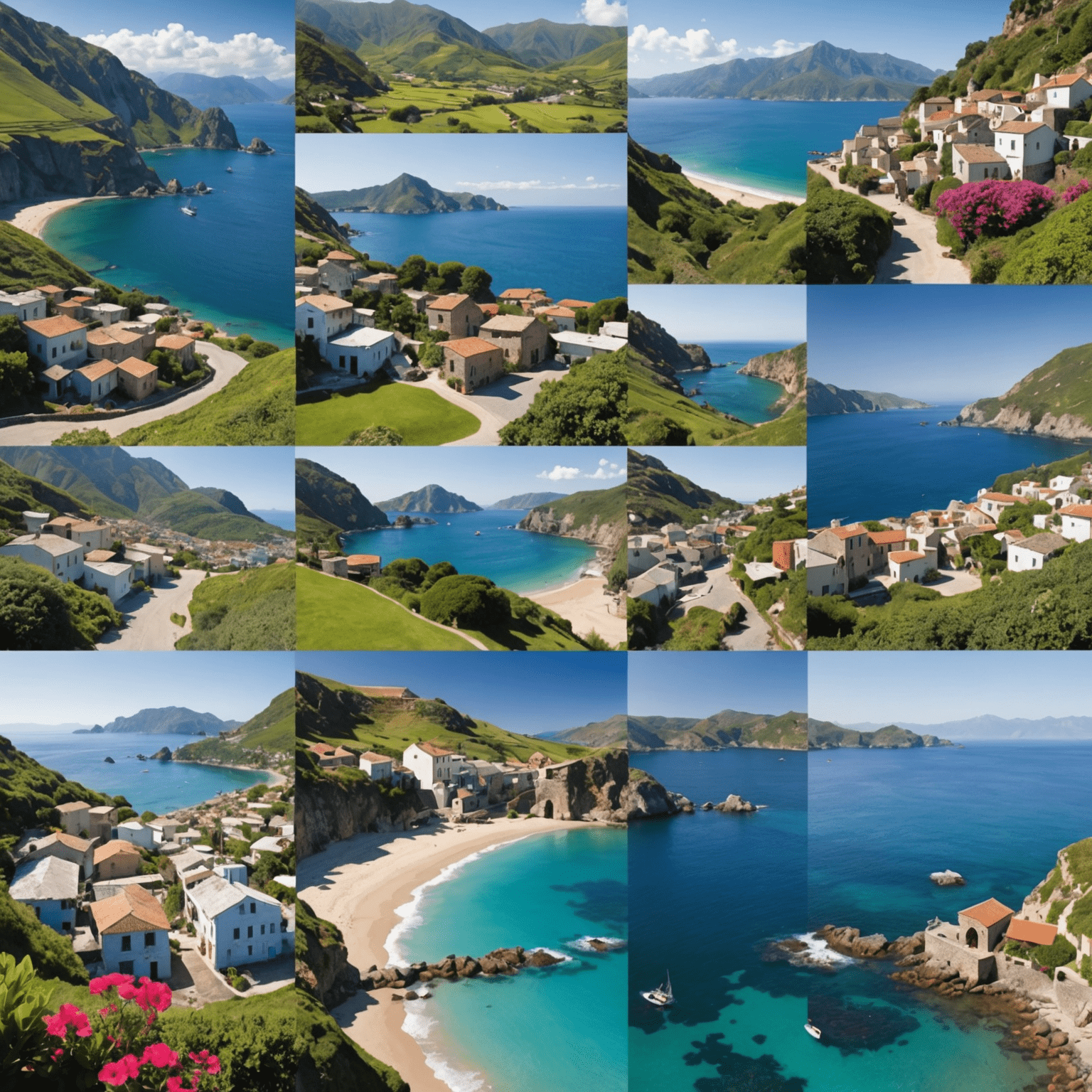 A collage of lesser-known but beautiful destinations, including a secluded beach, a charming small town, and a hidden mountain village