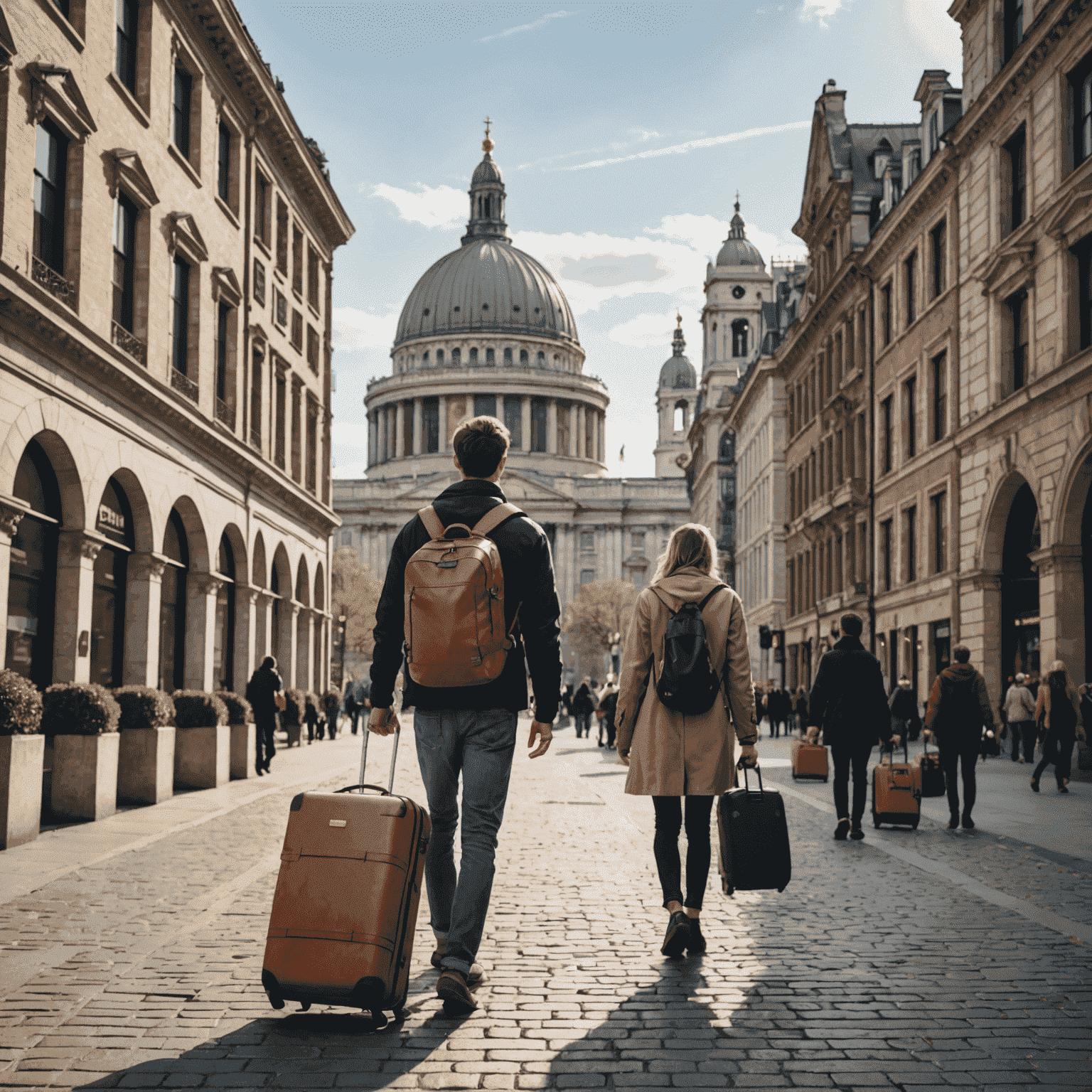 A traveler exploring a city during a layover, with luggage in tow and iconic landmarks in the background