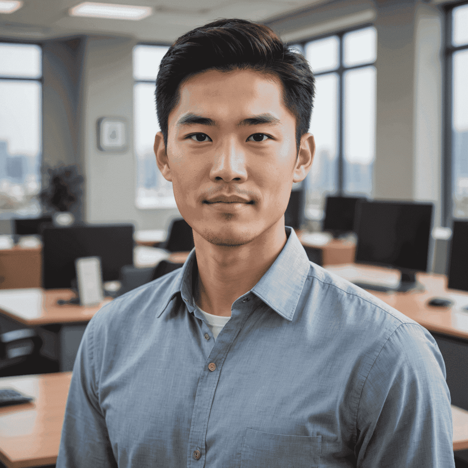 A professional headshot of Michael Lee, an Asian man in his late 20s with a friendly expression, wearing a casual button-up shirt against a modern office background.