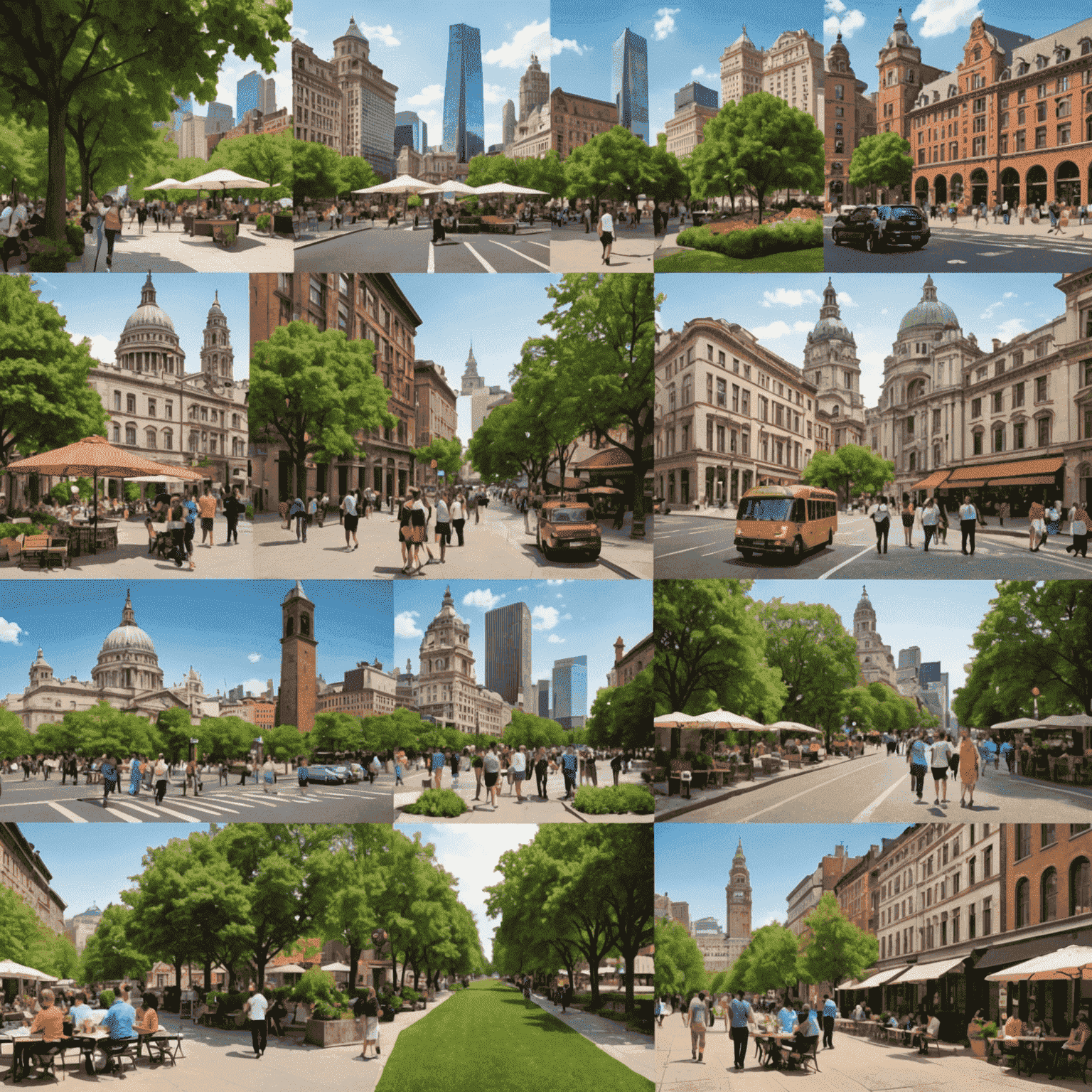 A collage of city experiences: famous landmarks, local food, and relaxing parks, representing layover activities