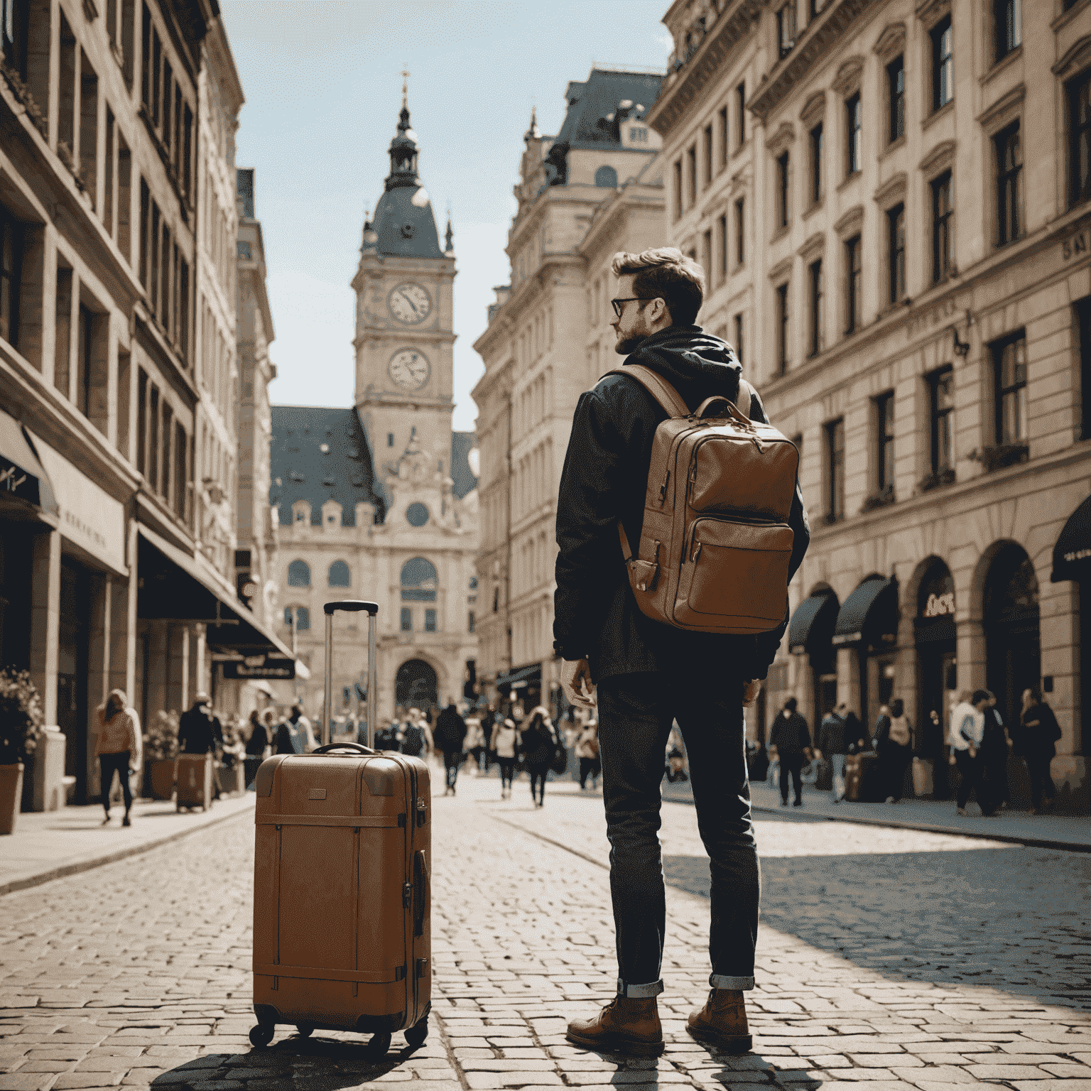 Traveler exploring a city during a layover, with luggage and city landmarks